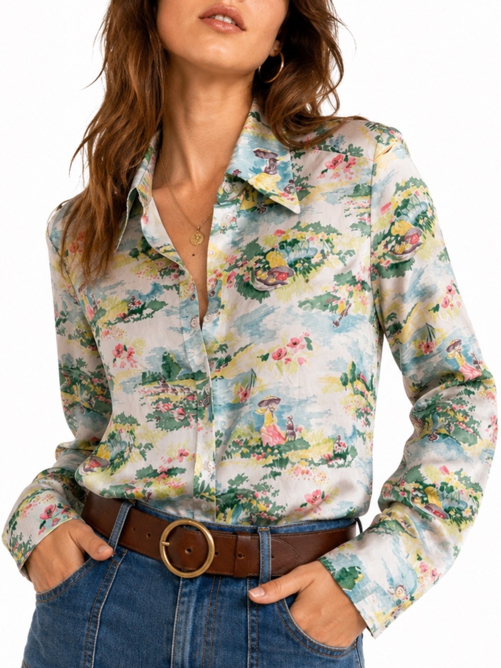 Vintage Two East 1970s Blouse Pastoral Scene Boho Hippie Disco Wide Collar 17/18
